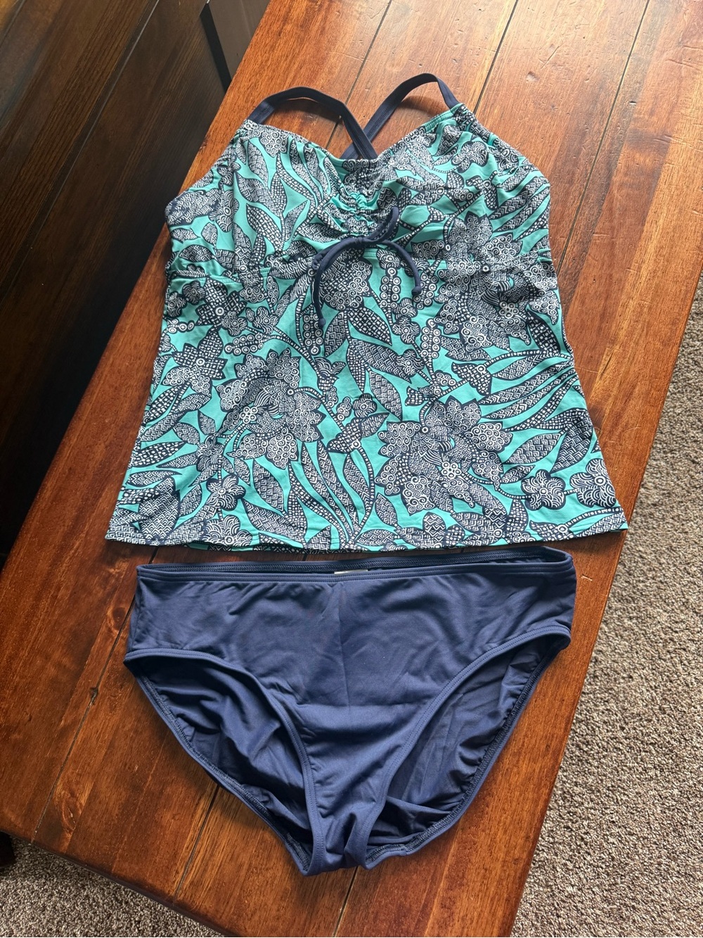 Lands’ End Turquoise and Navy Tankini Swim Set Size 12 D
